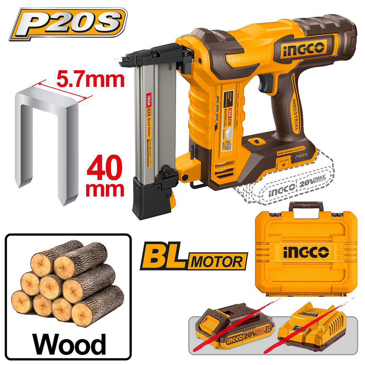 ingco p20s/ /set nails lithium-ion brushless motor cordless brad nailer kit- alternate view