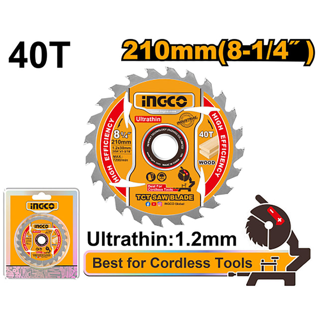 INGCO 8-1/4in 210mm 40T ultra-thin TCT saw blade for wood TSB2103