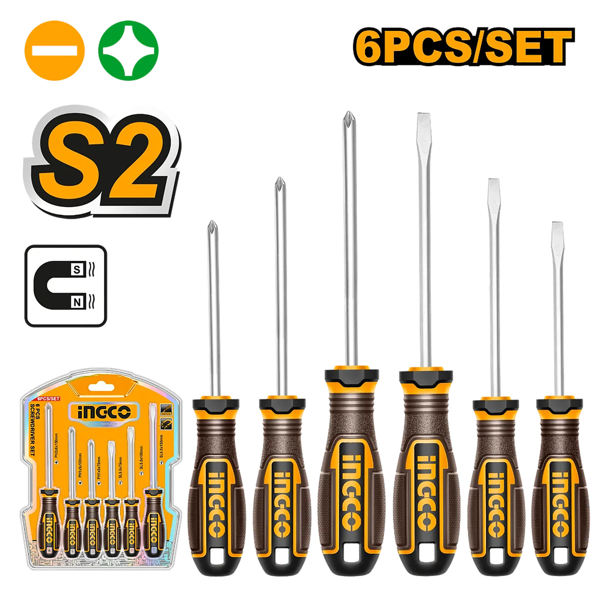 INGCO 6pcs S2 industrial screwdriver set with magnetic tips HKSDS0628