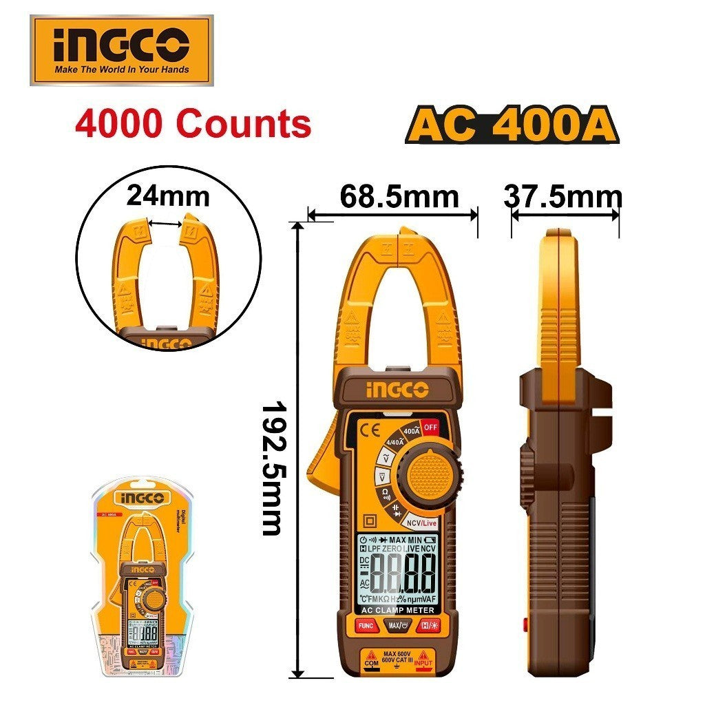 INGCO Digital Clamp Meter AC 4000 Counts True RMS Multimeter