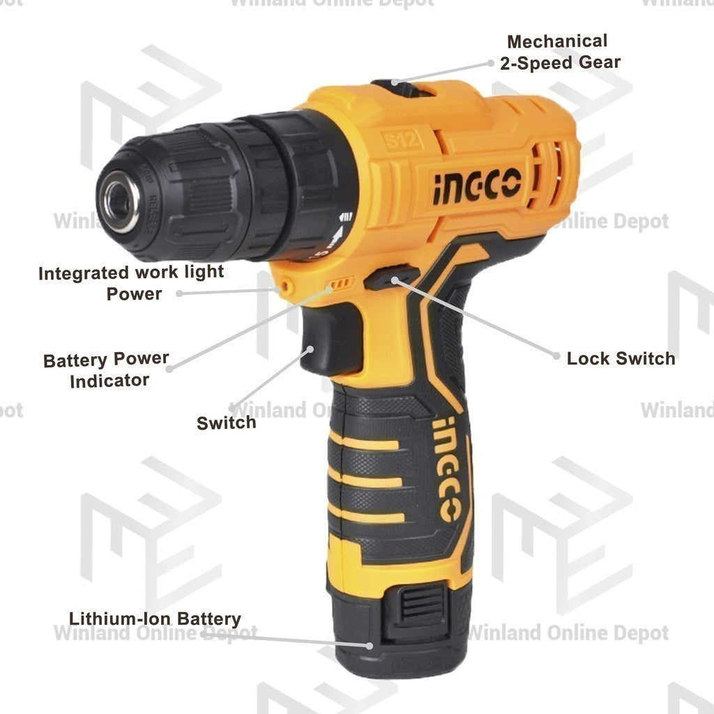 Ingco Lithium-Ion Cordless Drill 12V with 2 Batteries CDLI12325 / CDLI12208 / CDLI12328