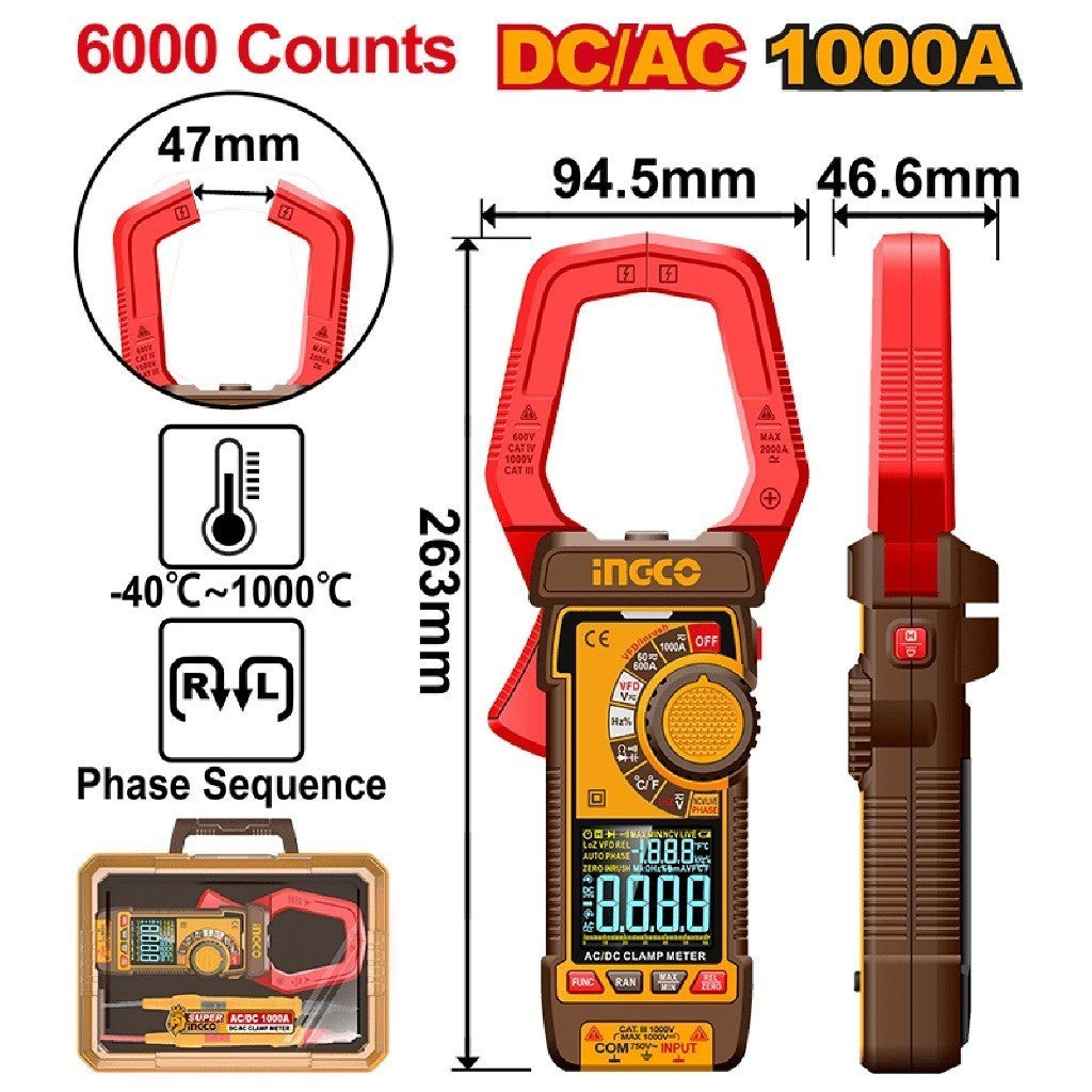 INGCO Digital Clamp Meter AC/DC 6000 Counts True RMS Tester
