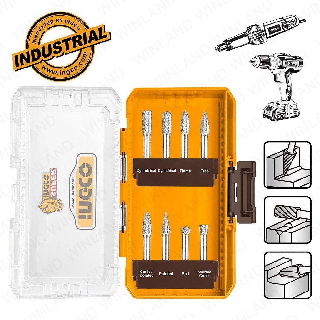 INGCO 8pcs tungsten carbide rotary burrs set for die grinders