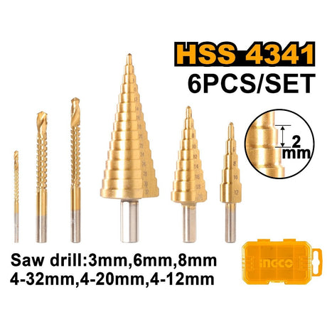 INGCO HSS 4341 3pcs step drill bit with 3pcs saw drill 3/6/8mm AKSDS2061