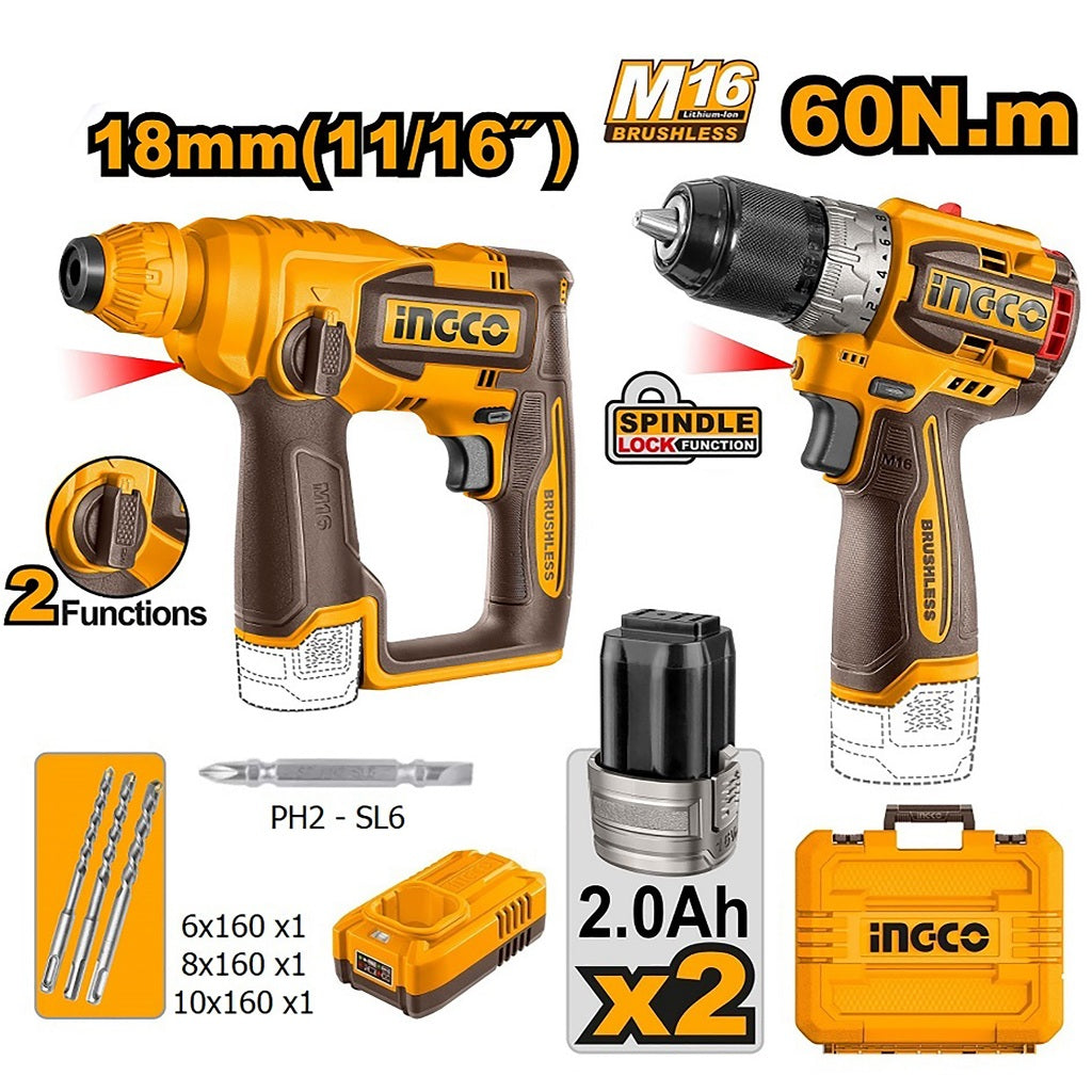 Ingco by Winland 16V M16 4pcs cordless combo kit with 2pcs 2.0Ah battery pack