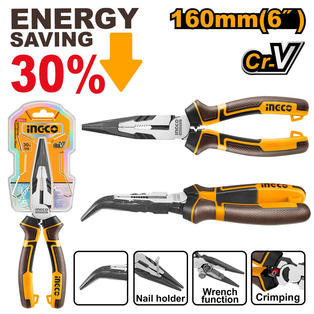 INGCO HHBNP28160 6-inch curved nose pliers, high leverage CR-V steel