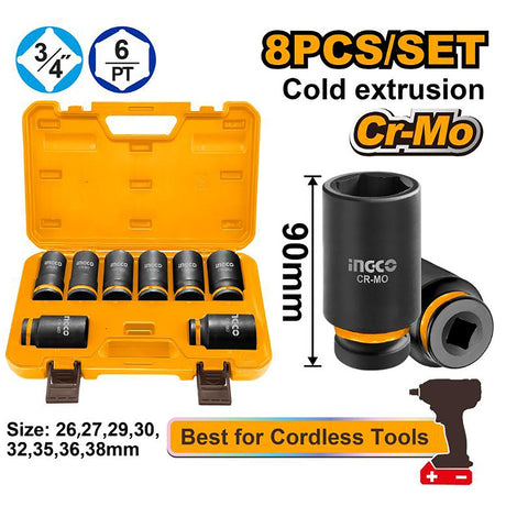 Ingco by Winland 8pcs 3/4 inch drive deep impact socket set