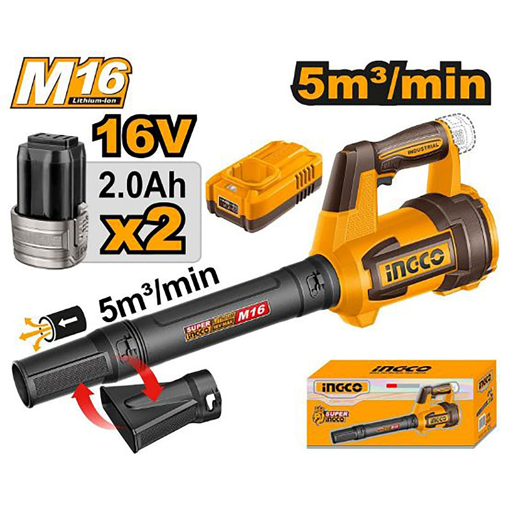 INGCO CABLI168082 16V cordless blower kit with 2x 2.0Ah lithium batteries