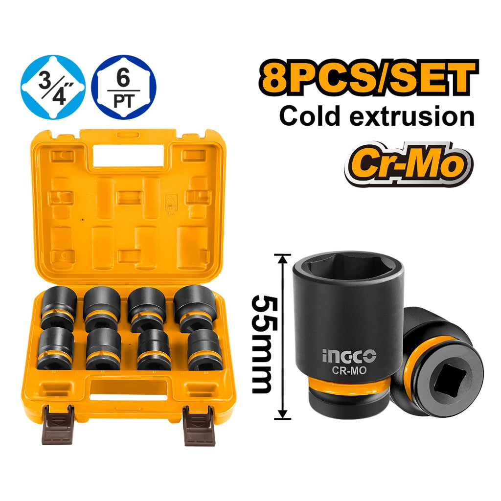 INGCO HKISSD34081 8-piece impact socket set, 3/4-inch CR-MO steel