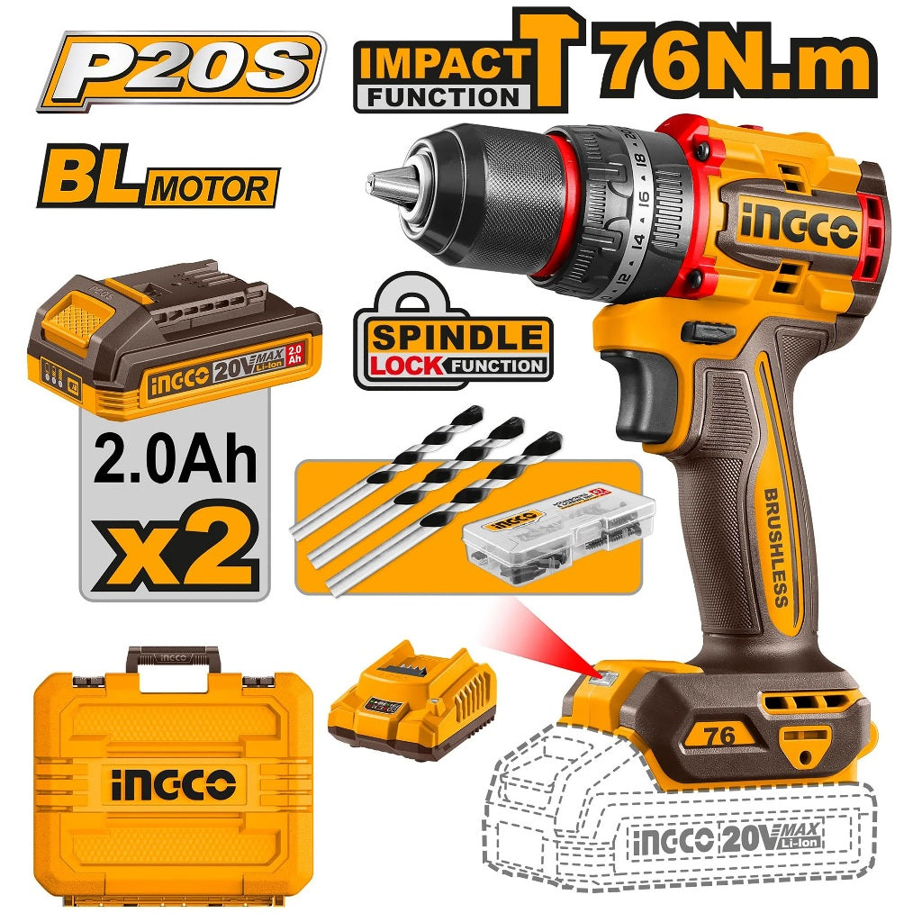 INGCO CIDLI20768 20V cordless impact drill, 76Nm brushless motor