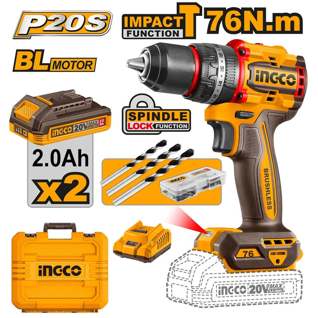 INGCO CIDLI20768 20V cordless impact drill, 76Nm brushless motor