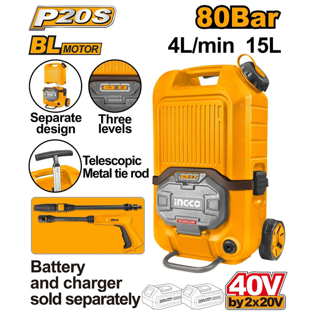 INGCO CPWLI4006 20V cordless pressure washer, 15L brushless motor