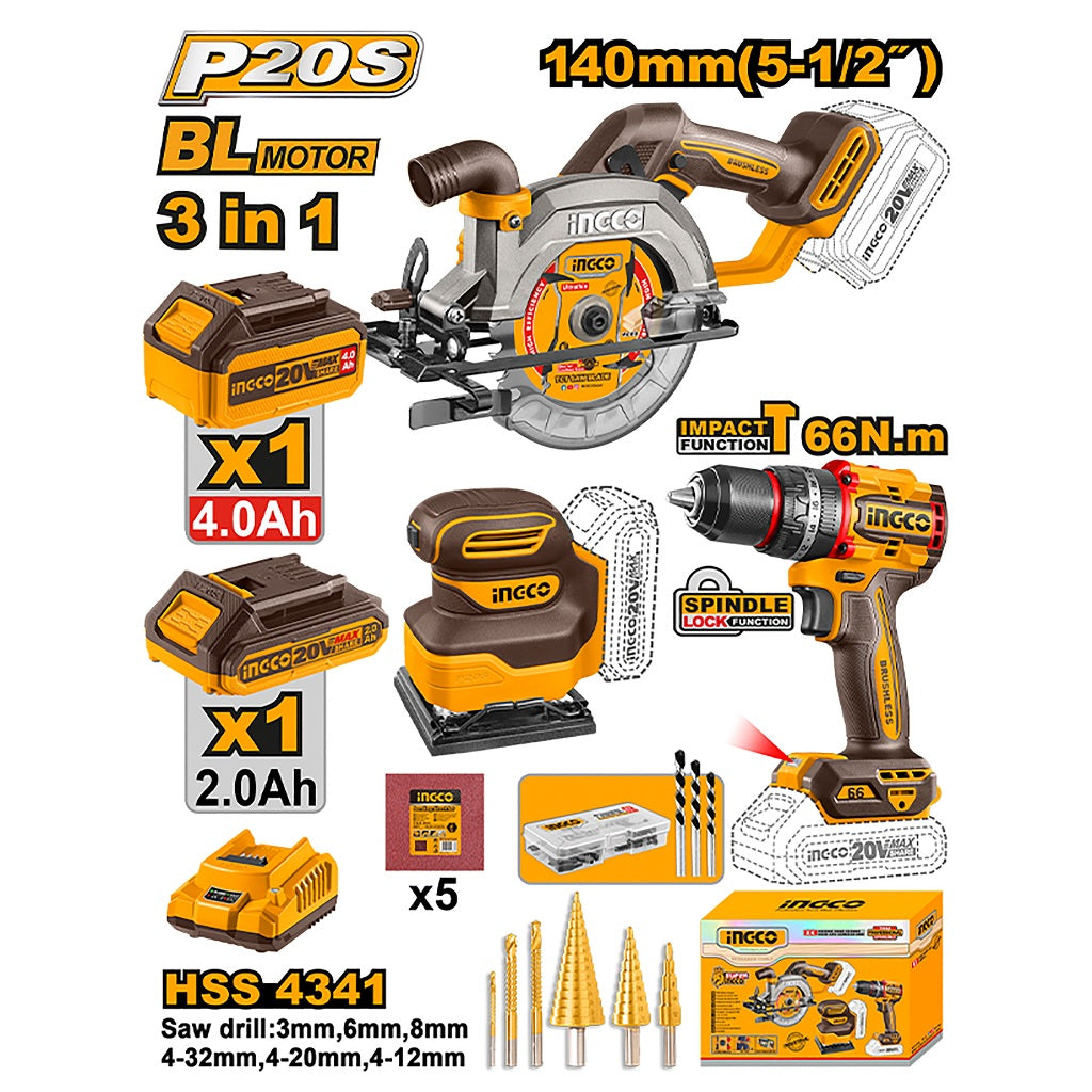 INGCO COSLI241193 20V lithium-ion 3-piece combo kit with cordless circular saw