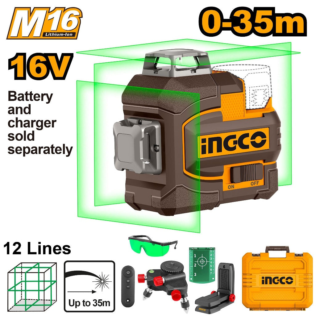 16V/M16 Lithium-Ion Cordless 3D Laser Level Green Laser Level Range: 0~35m HLL301201/HLL301200 ING-CT