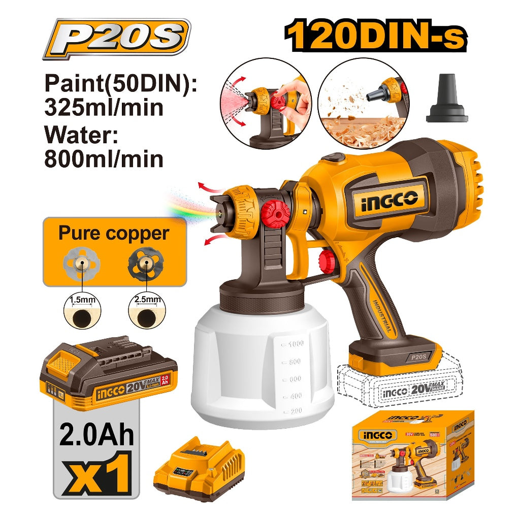 P20S/20V Lithium-Ion Cordless Spray Paint Gun (0.1-0.2Bar/800ml/min) ING-CT