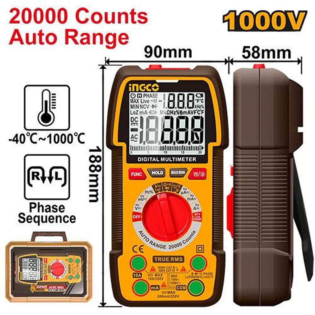 INGCO DM410003 digital multimeter, TRMS 2000 counts for voltage/current/resistance