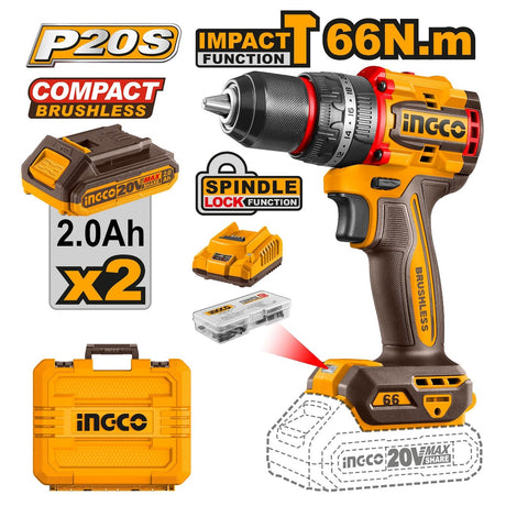 Ingco by Winland P20S 20V cordless brushless compact drill, 66Nm torque duplicate