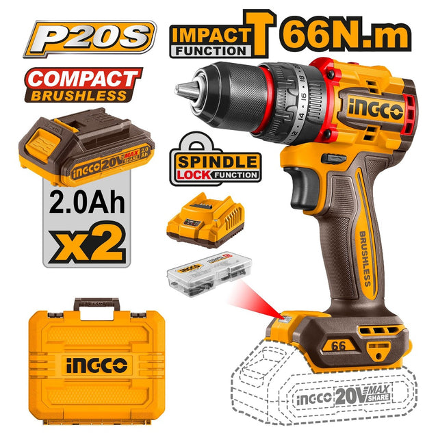 Ingco by Winland P20S 20V cordless brushless compact drill, 66Nm torque duplicate