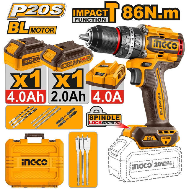 Ingco by Winland P20S 20V cordless brushless impact drill 86Nm torque