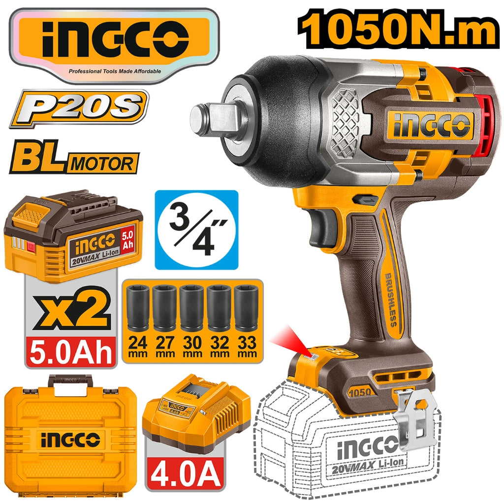 Ingco P20S 20V Brushless Cordless Impact Wrench 1050Nm Lithium-Ion-CIWLI20105 ING-CT