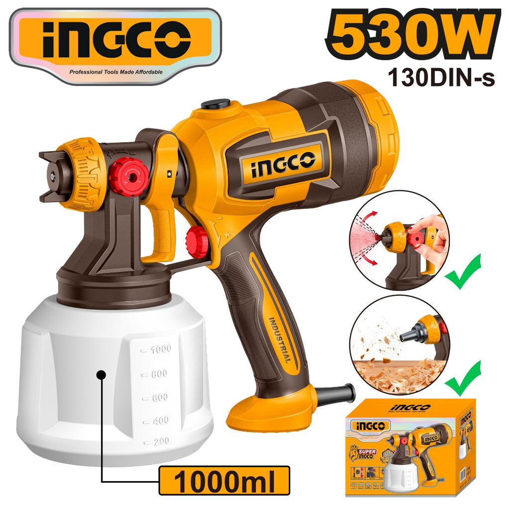 INGCO 530W electric paint sprayer with a 1000ml white container, featuring a yellow and dark brown body, labeled with 130DIN-s, shown with inset images of wall and wood painting applications and the product packaging box