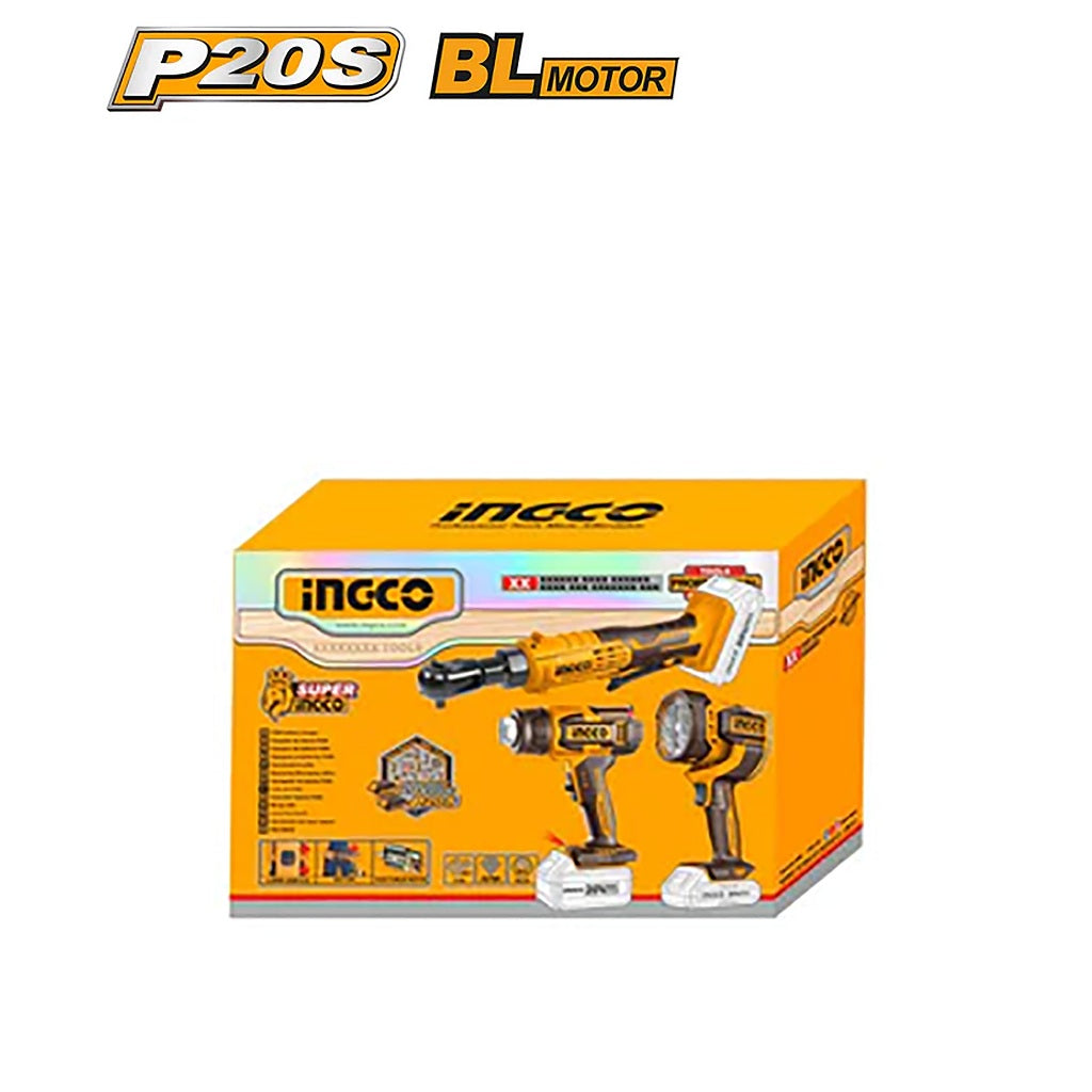 Ingco P20S/20V 3PCS Combo Kit Lithium-Ion Cordless Drive Ratchet, Heat Gun & Work Lamp