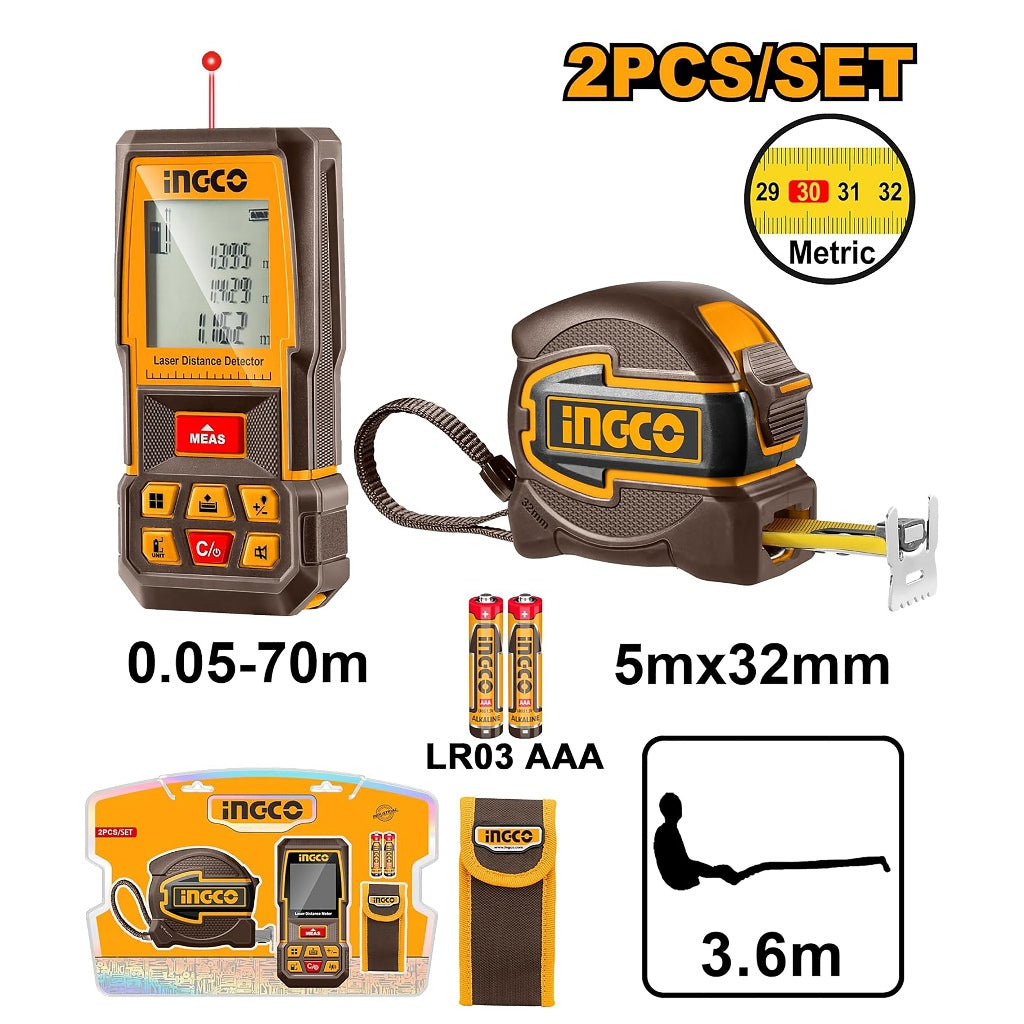 Ingco 2PCS Combo Kit Laser Distance Detector with Steel Measuring Tape HLDD241201 ING-PT