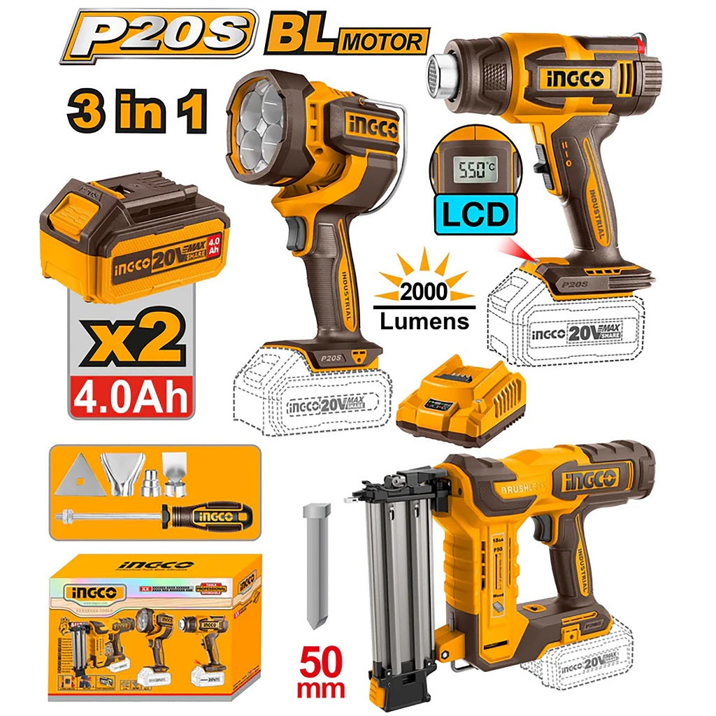 Ingco P20S/20V 3PCS Combo Kit with Lithium-Ion Cordless Heat Gun, Brad Nailer & Work Lamp