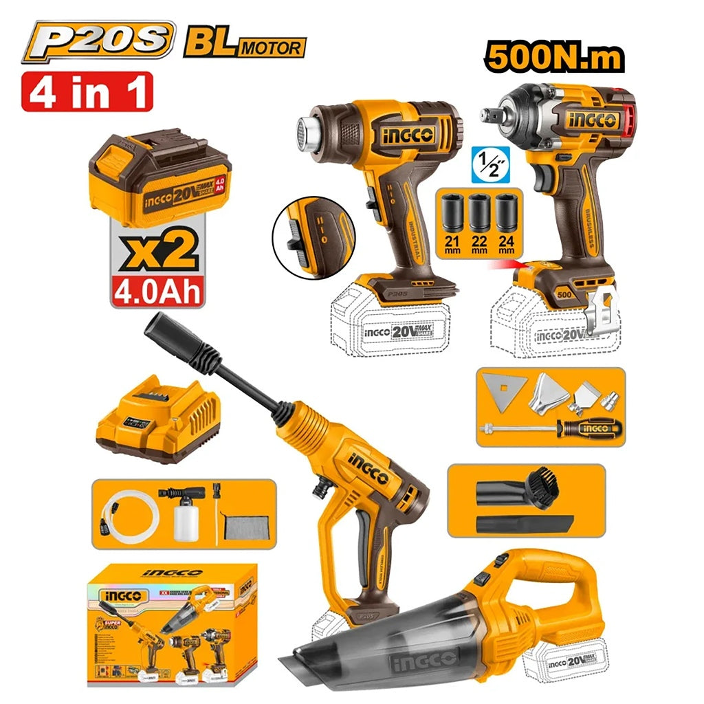 Ingco P20S/20V Lithium-Ion Cordless 4PCS Combo Kit COSLI250208 ING-CT