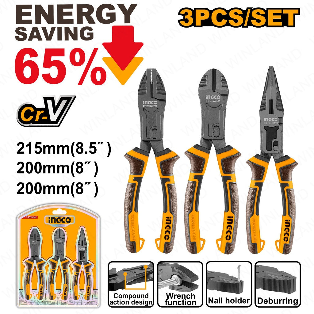 ingco 3pcs/set compound action pliers with tpr 3-color handle hkcps5831 ing-ht alternate view