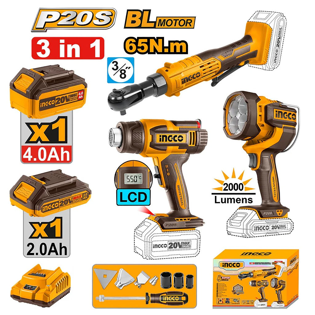 Ingco P20S/20V 3PCS Combo Kit Lithium-Ion Cordless Drive Ratchet, Heat Gun & Work Lamp