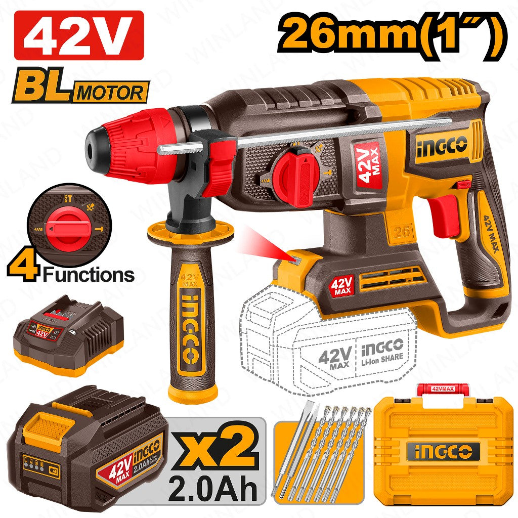 Ingco 42V/26mm(1inch) Lithium-Ion Cordless Rotary Hammer CRHLI422682 ING-CT