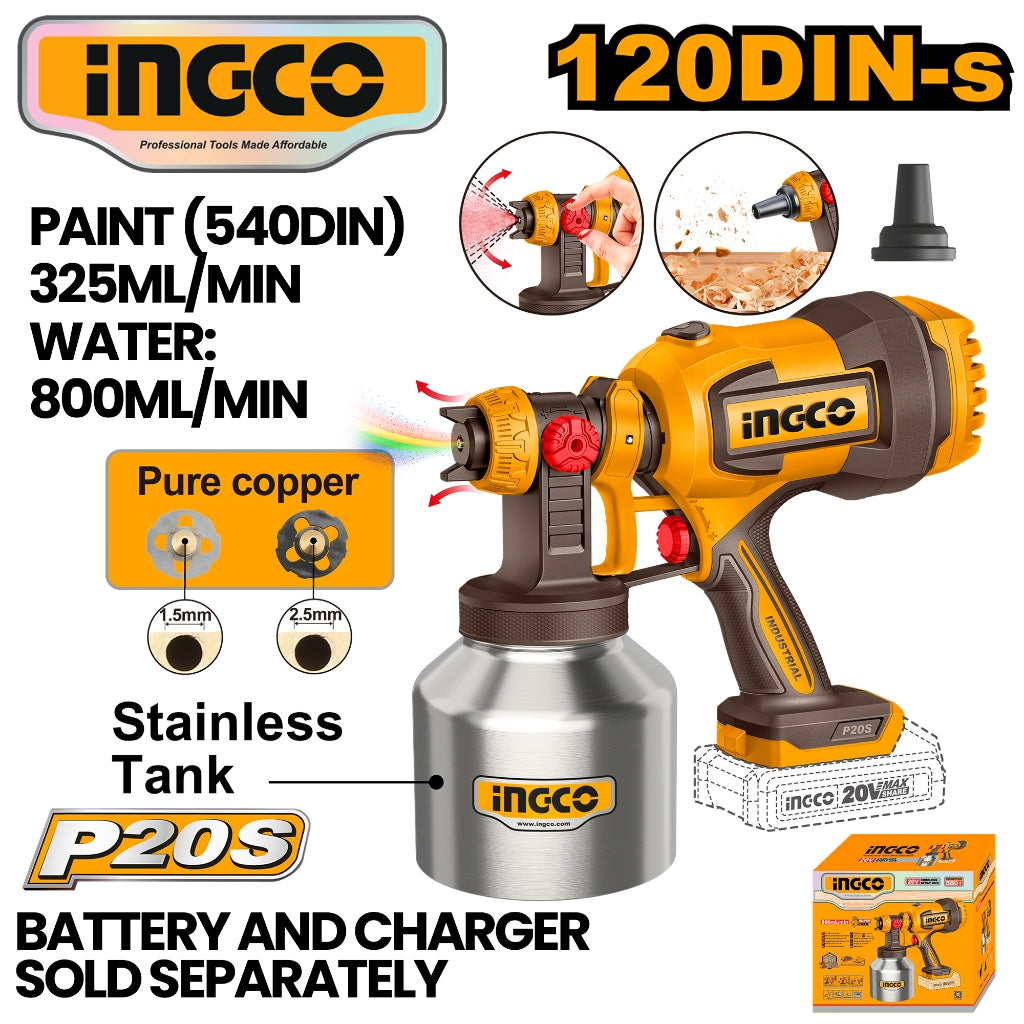 Ingco P20S/20V Cordless Spray Paint Gun (0.1-0.2Bar/800ml/min) CSGLI20041 ING-CT