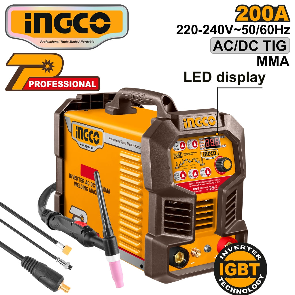 Ingco Portable IGBT Inverter AC/DC TIG-MMA Welding Machine ING-ACDCTIG20068 200A ING-PT