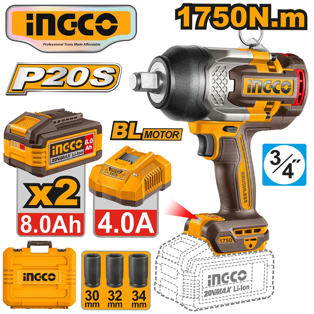 Ingco P20S/20V Brushless Motor Lithium-Ion AI Impact Wrench 1750nm CIWLI20175 ING-CT