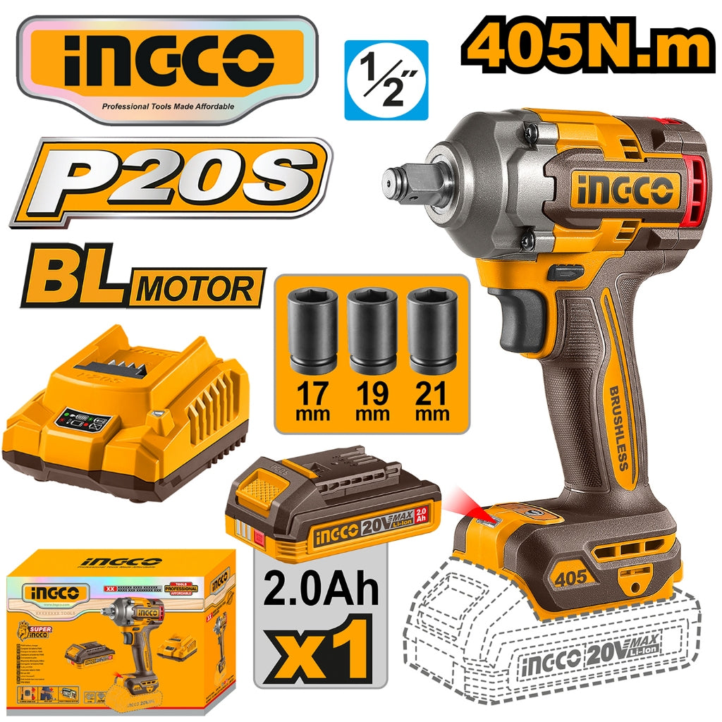 Ingco P20S/20V Lithium-ion Brushless AI Impact Wrench 1/2" 405N.m ING- CT