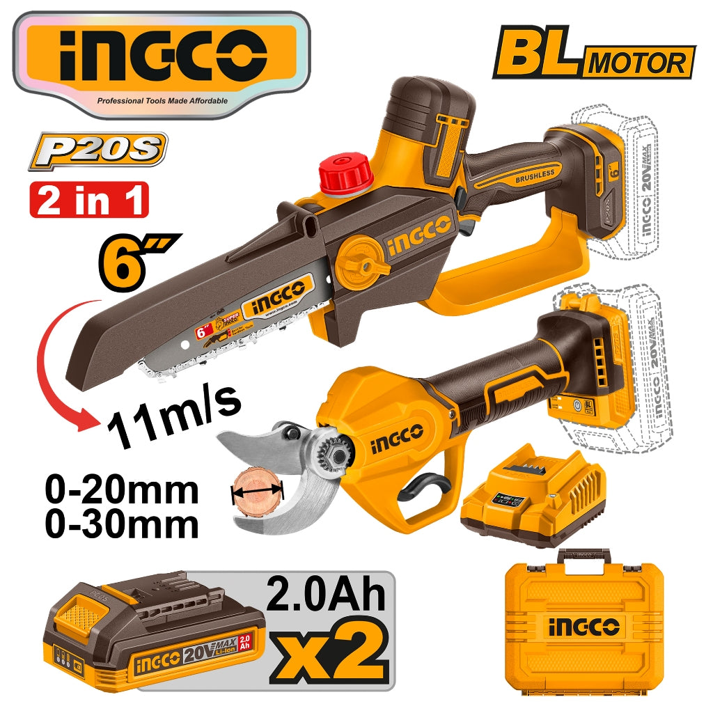 Ingco 2pcs Combo Kit Cordless Gauge Straight Shear with Pruner Saw COSLI250795 ING-CT