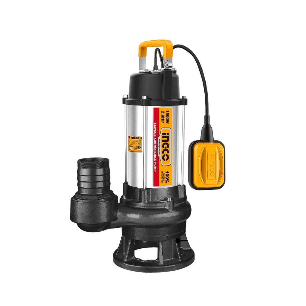 INGCO 750W (1.0HP) submersible water pump with stainless steel body, 220-240V 60Hz, featuring 2-inch outlet and 100% copper wire motor, black and silver design with orange float switch