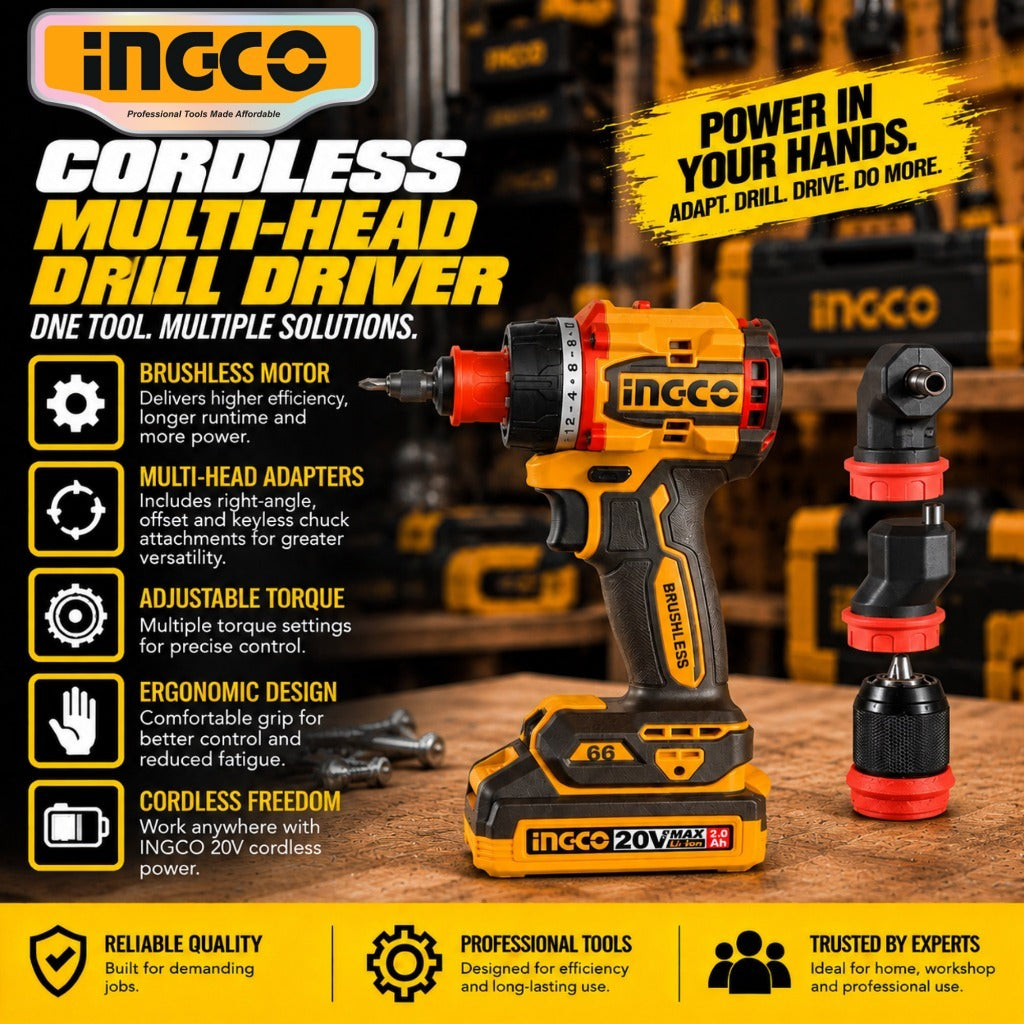 Ingco P20S/20V Cordless Multi-Head Drill Driver 66Nm CDLI206686 ING-CT