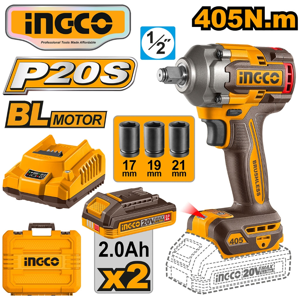 Ingco P20S/20V Lithium-ion Brushless AI Impact Wrench 1/2" 405N.m ING- CT