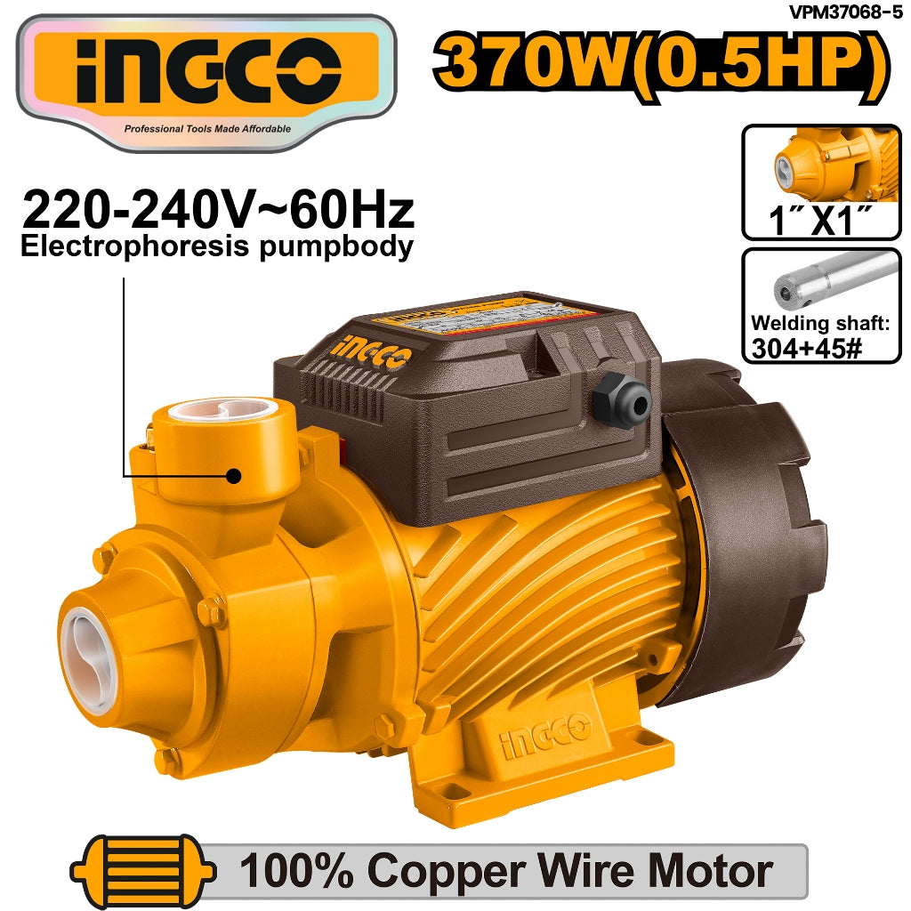 INGCO 370W (0.5HP) electrophoresis pump with yellow body and black motor housing, 220-240V 60Hz, featuring 1-inch inlet/outlet ports, 304+45# winding shaft, and a 100% copper wire motor