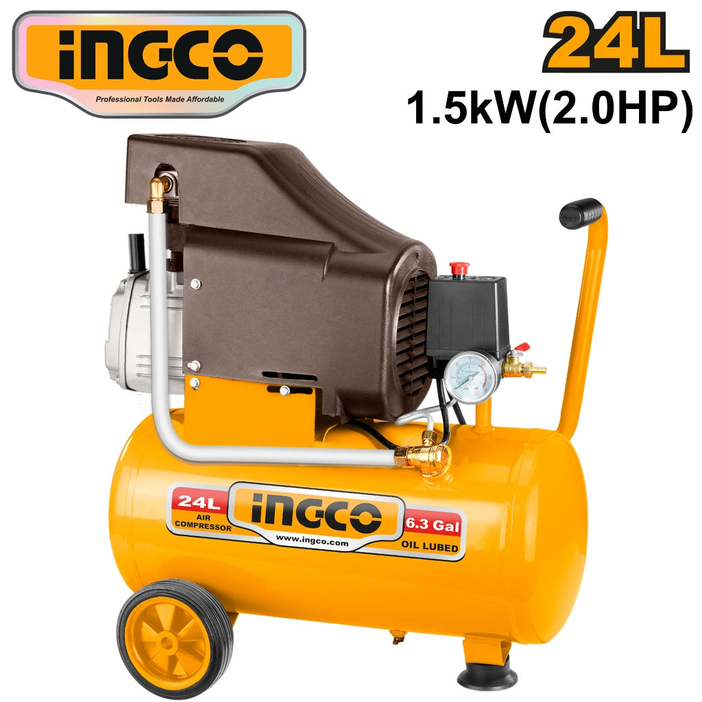 INGCO 24L air compressor with 1.5kW (2.0HP) motor, featuring a yellow tank, brown motor housing, pressure gauge, and portable wheeled design