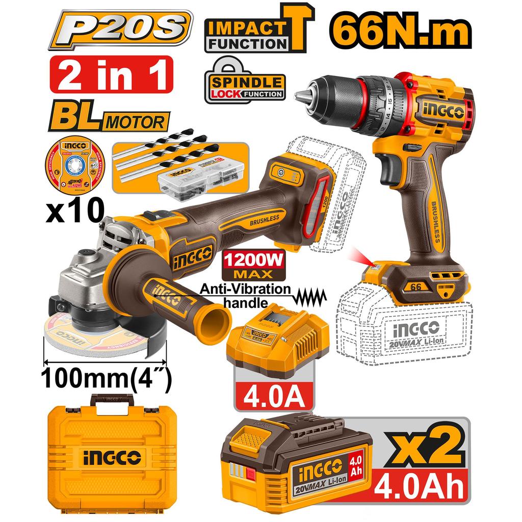 Ingco 2pcs Cordless Combo Kit 20V Cordless Grinder and Cordless Impact Drill CKLI2025610 (ICO)