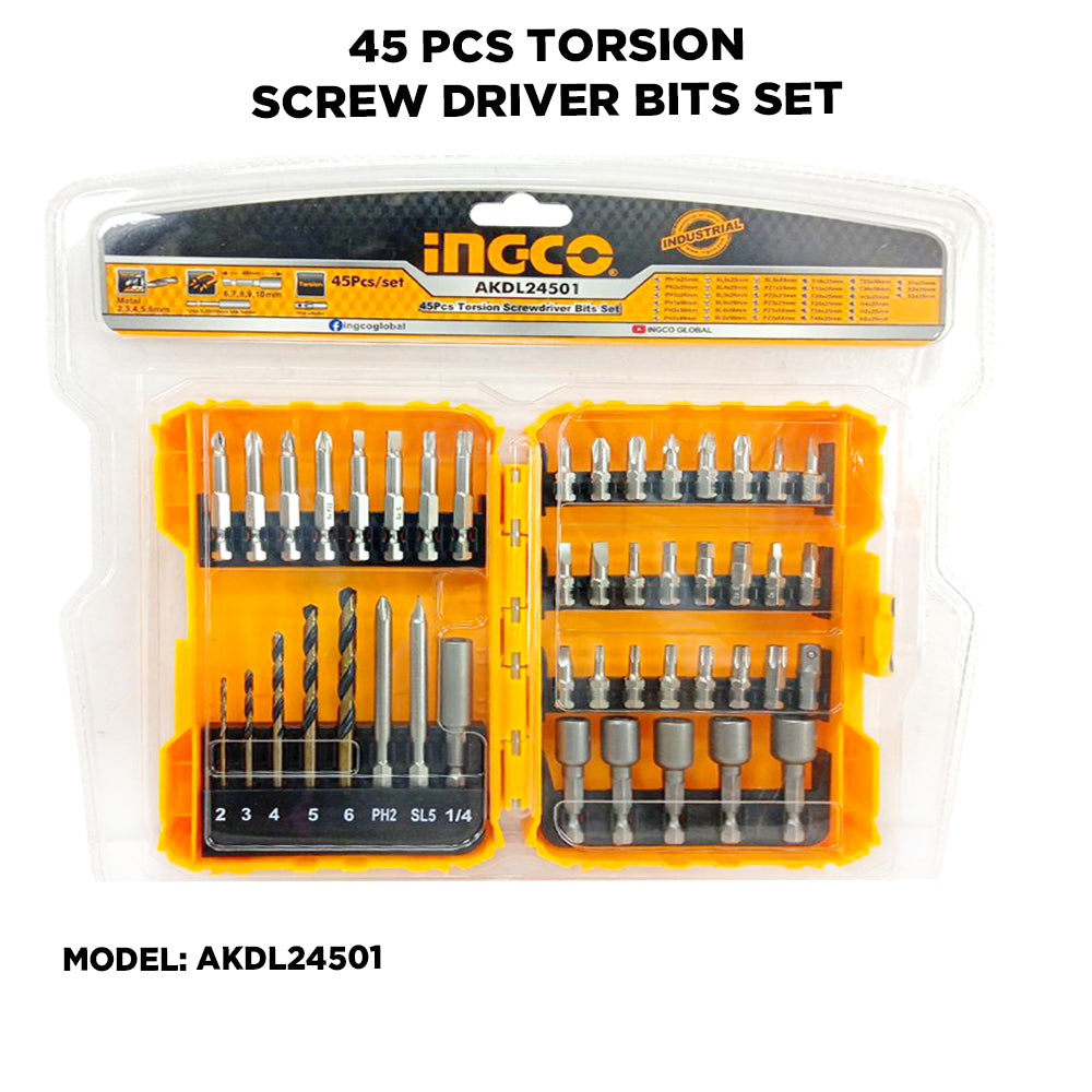 INGCO 45-piece torsion screwdriver bits set for power tools and manual use