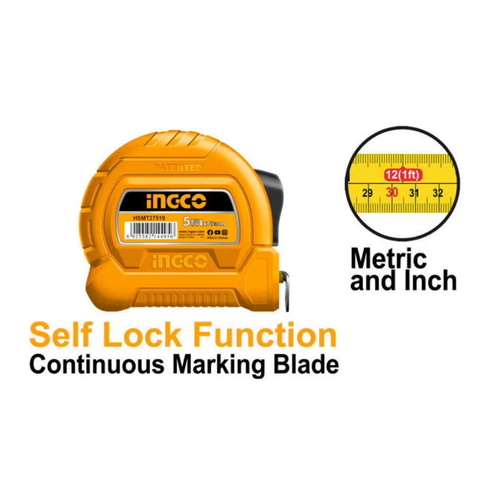 Ingco steel tape measure double button ABS, 3m to 5m length