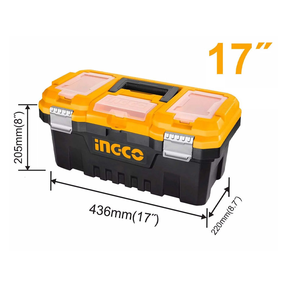Ingco heavy-duty plastic tool box with removable tray organizer