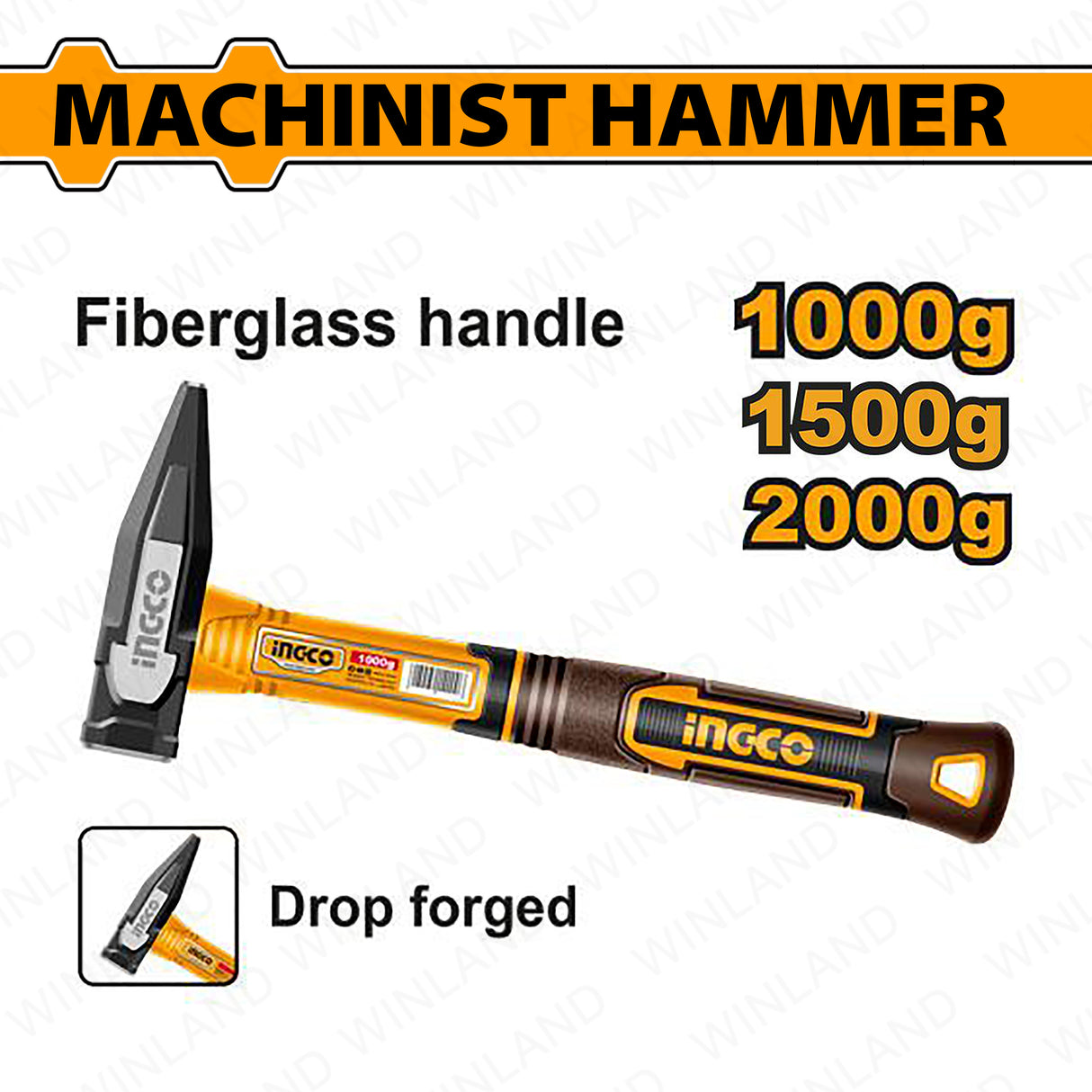 INGCO Machinist Hammer with Fiberglass Handle 1000g–2000g