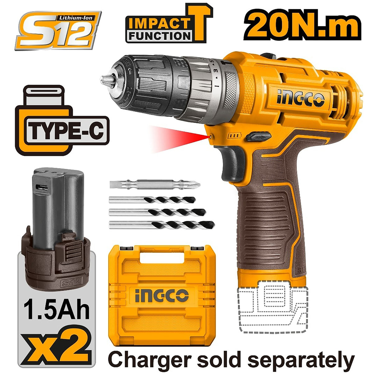 Lithium-Ion Impact Drill 12V No-load speed: 400/0-1500rpm CIDLI12202 S12 ING-PT