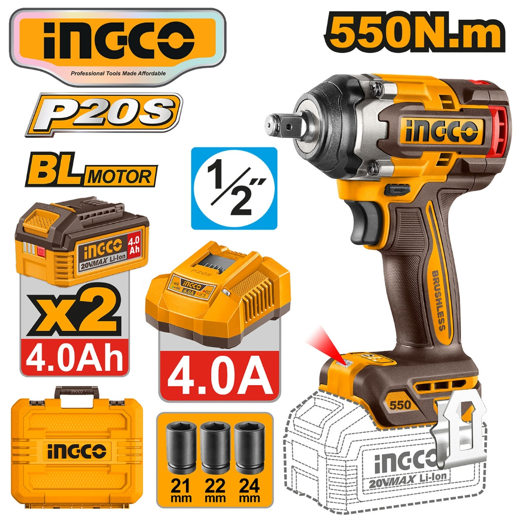 Ingco P20S/20V Cordless Lithium-ion Brushless AI Impact Wrench 1/2" 550N.m ING-CT