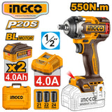 Ingco P20S/20V Cordless Lithium-ion Brushless AI Impact Wrench 1/2" 550N.m ING-CT